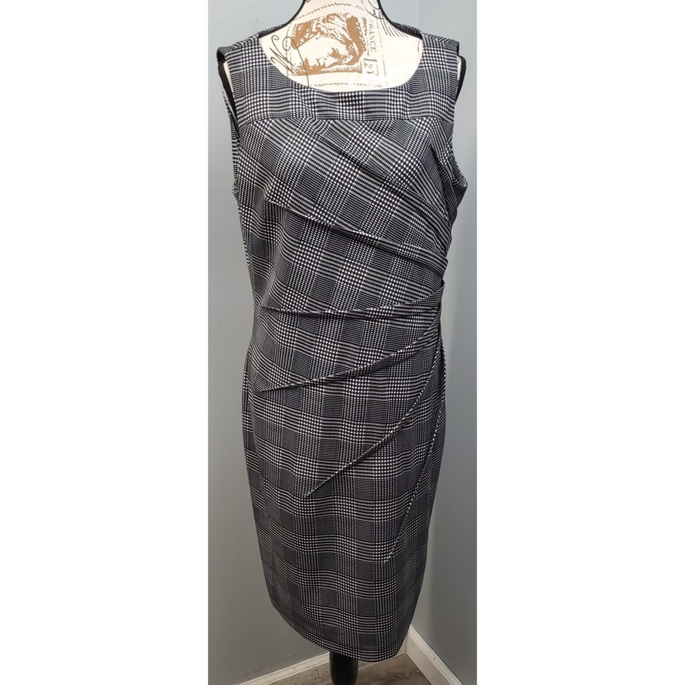 Calvin‎ Klein Starburst Sheath Dress Womens 14 White Black Houndstooth Back Zip